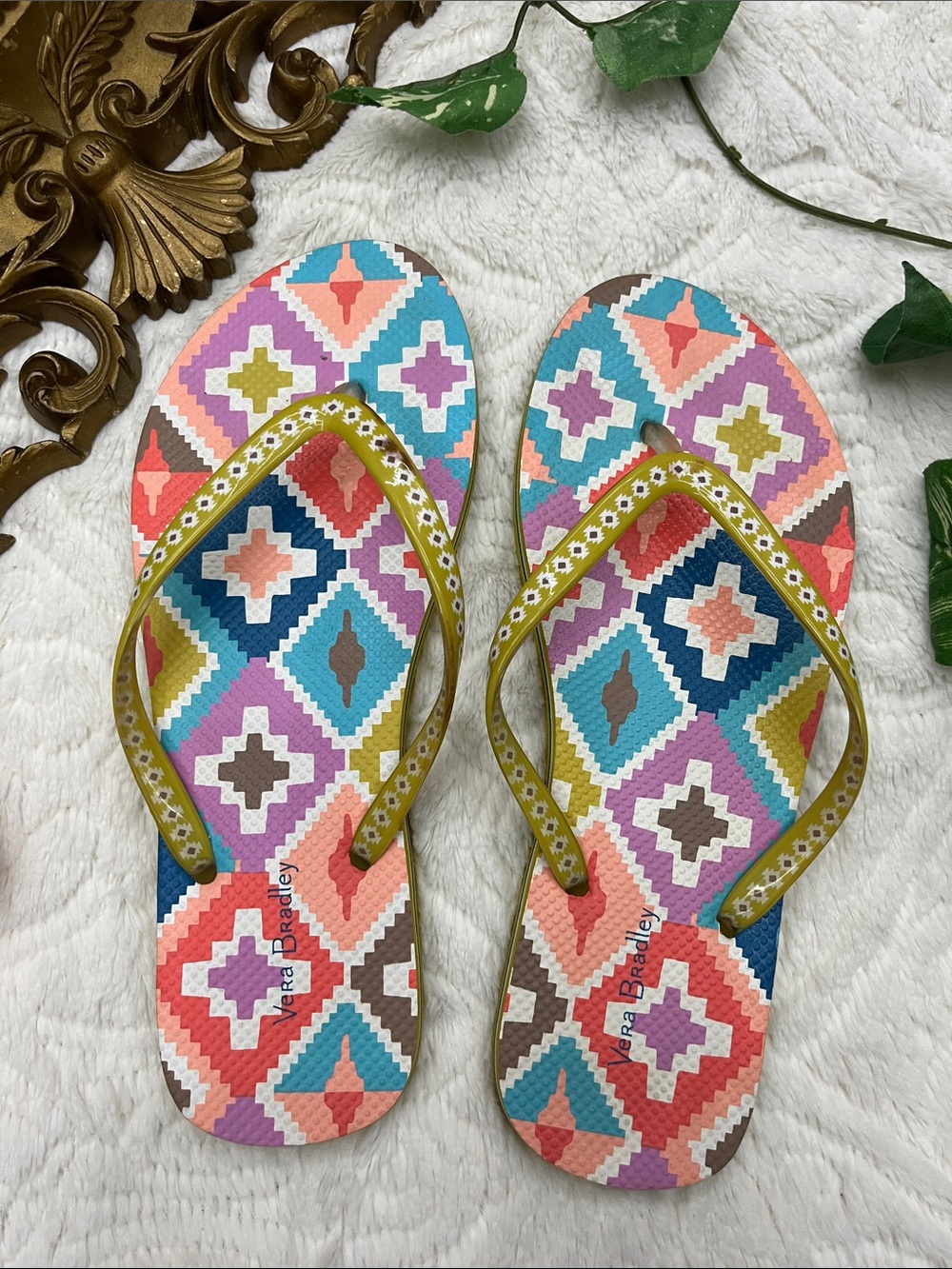 Vera Bradley Multicolor Geometric Flip Flops with Olive Straps